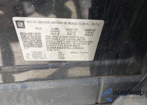 2020 Chevrolet Equinox Fwd Lt 1.5L Turbo z USA, uszkodzony, nr VIN 3GNAXKEV7LL126824